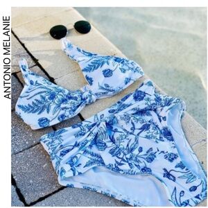 ANTONIO MELANI Blue and White Floral High-Waist Bikini Set